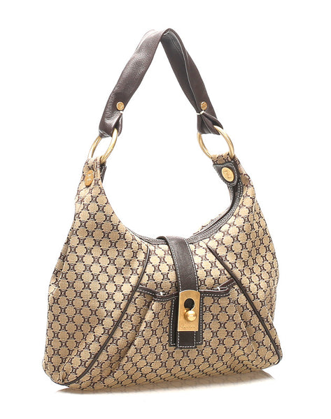 セリーヌ マカダム ブラウン 茶 キャンバス レザー ショルダーバッグ レディース CELINE 中古