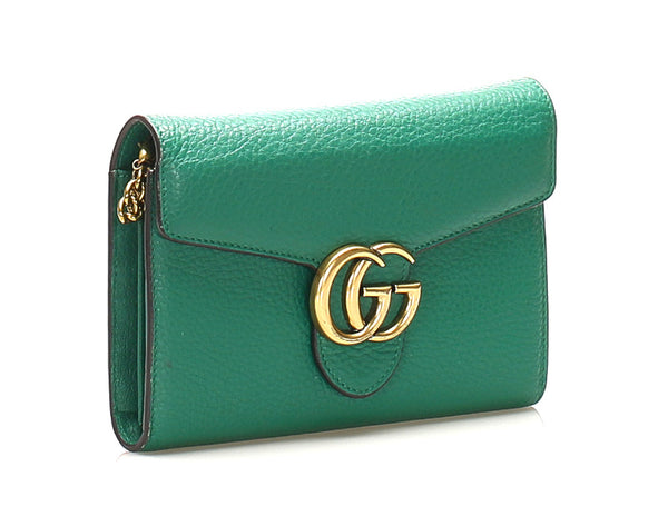 グッチ ＧＧマーモント 401232 グリーン レザー ウォレットチェーン レディース GUCCI 中古