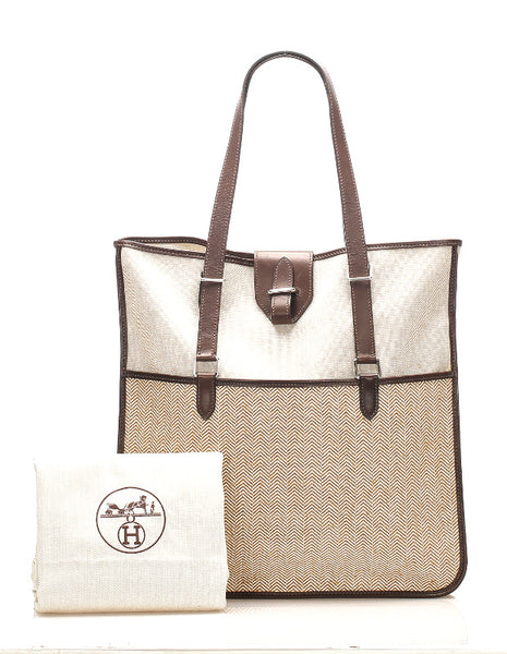 エルメス ジャンピングカバス  ブラウン ベージュ キャンバス レザー トートバッグ ユニセックス HERMES □K印刻(2007年制)刻印 中古
