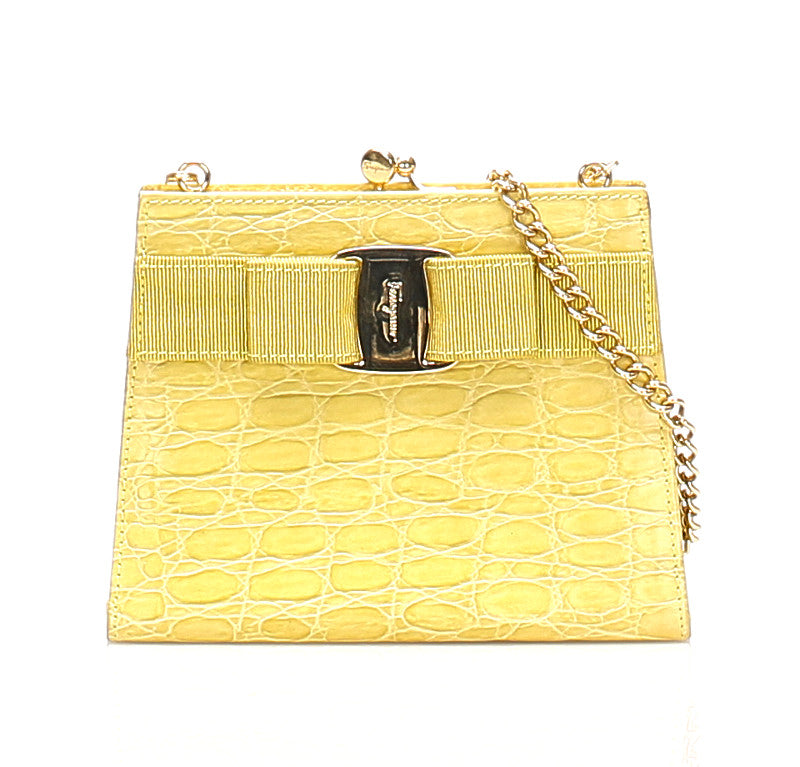 サルヴァトーレフェラガモ ヴァラリボン 22 3054 イエロー クロコ型押し ショルダーバッグ レディース Salvatore Ferragamo 中古