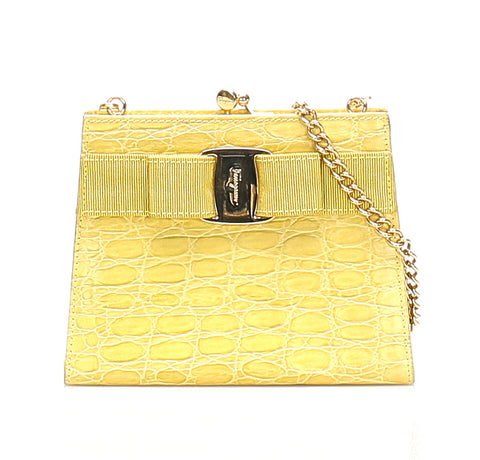サルヴァトーレフェラガモ ヴァラリボン 22 3054 イエロー クロコ型押し ショルダーバッグ レディース Salvatore Ferragamo 中古