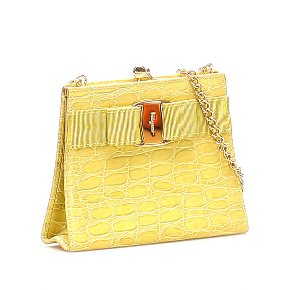 サルヴァトーレフェラガモ ヴァラリボン 22 3054 イエロー クロコ型押し ショルダーバッグ レディース Salvatore Ferragamo 中古