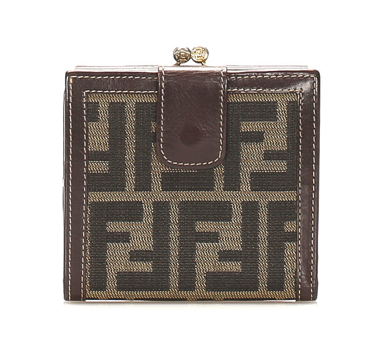 フェンディ ズッカ ブラウン 茶 キャンバス レザー 二つ折り財布 レディース FENDI 中古
