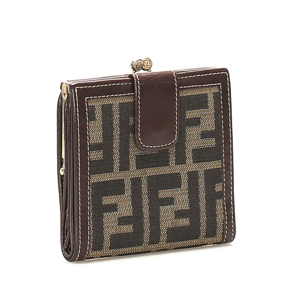 フェンディ ズッカ ブラウン 茶 キャンバス レザー 二つ折り財布 レディース FENDI 中古