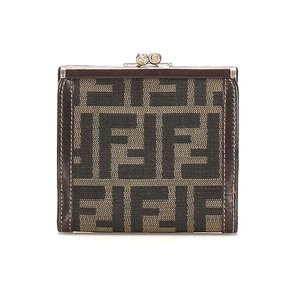 フェンディ ズッカ ブラウン 茶 キャンバス レザー 二つ折り財布 レディース FENDI 中古