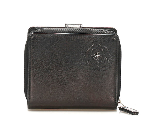 シャネル カメリア ブラック レザー 二つ折り財布 レディース CHANEL 中古