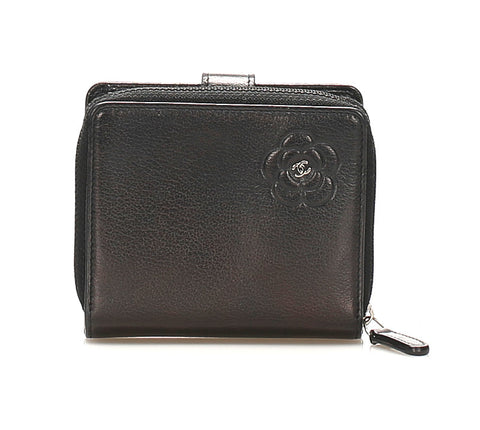 シャネル カメリア ブラック レザー 二つ折り財布 レディース CHANEL 中古