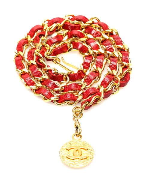 シャネル ココマーク レッド ゴールド レザー メッキ チェーン ベルト レディース CHANEL 中古