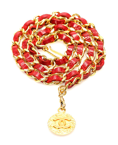 シャネル ココマーク レッド ゴールド レザー メッキ チェーン ベルト レディース CHANEL 中古