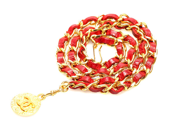 シャネル ココマーク レッド ゴールド レザー メッキ チェーン ベルト レディース CHANEL 中古