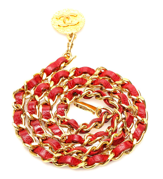 シャネル ココマーク レッド ゴールド レザー メッキ チェーン ベルト レディース CHANEL 中古
