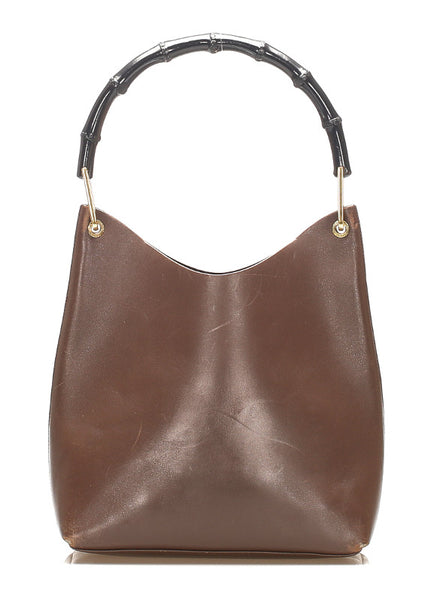 グッチ ウッドハンドル 001・1553 ブラウン レザー ハンドバッグ レディース GUCCI 中古