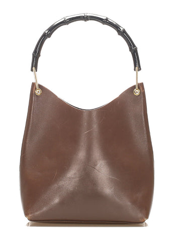 グッチ ウッドハンドル 001・1553 ブラウン レザー ハンドバッグ レディース GUCCI 中古