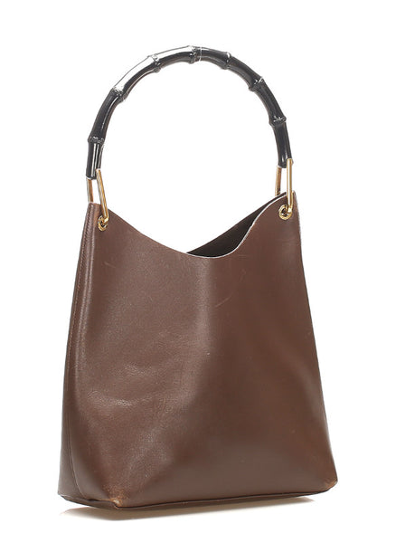 グッチ ウッドハンドル 001・1553 ブラウン レザー ハンドバッグ レディース GUCCI 中古