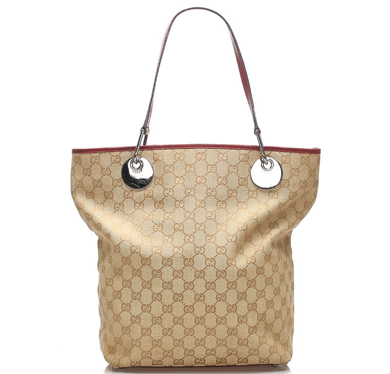 グッチ GGキャンバス 120836 ベージュ レッド キャンバス レザー トートバッグ レディース GUCCI 中古