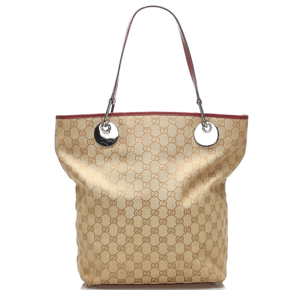 グッチ GGキャンバス 120836 ベージュ レッド キャンバス レザー トートバッグ レディース GUCCI 中古