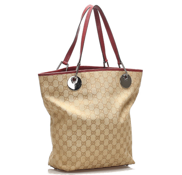 グッチ GGキャンバス 120836 ベージュ レッド キャンバス レザー トートバッグ レディース GUCCI 中古