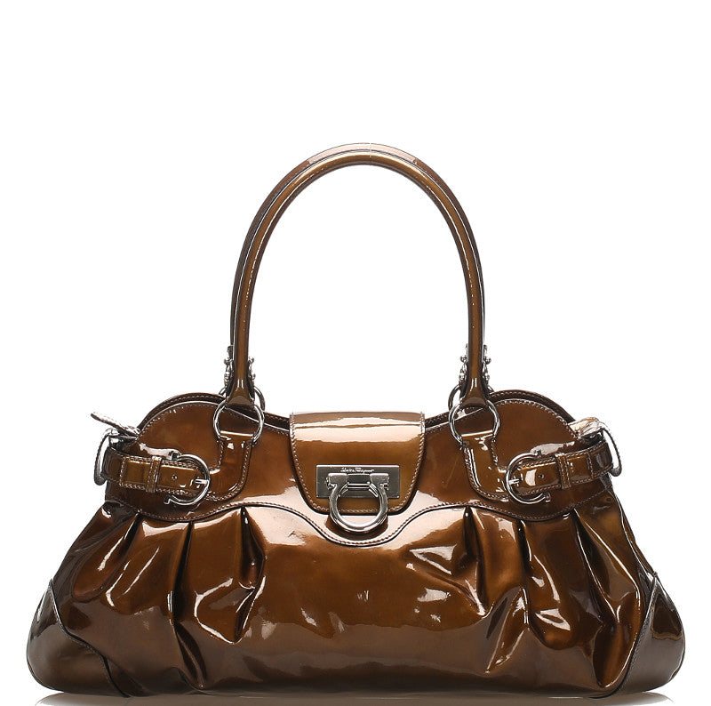 サルヴァトーレフェラガモ ガンチーニ AB-21 5370 グリーン 緑 エナメル ハンドバッグ レディース Salvatore Ferragamo 中古