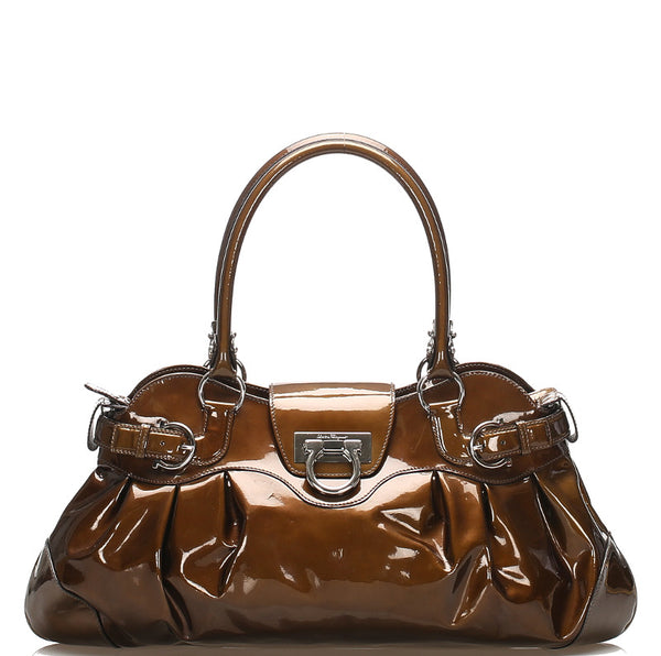 サルヴァトーレフェラガモ ガンチーニ AB-21 5370 グリーン 緑 エナメル ハンドバッグ レディース Salvatore Ferragamo 中古