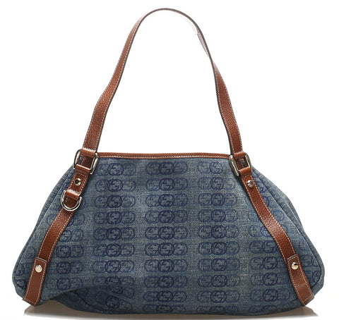 グッチ デニム 130736 ブルー 青 キャンバス レザー ハンドバッグ レディース GUCCI 中古