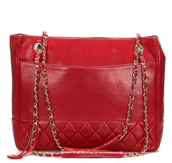 シャネル レッド 赤 レザー チェーン ショルダー トートバッグ レディース CHANEL 中古