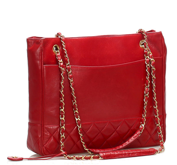 シャネル レッド 赤 レザー チェーン ショルダー トートバッグ レディース CHANEL 中古