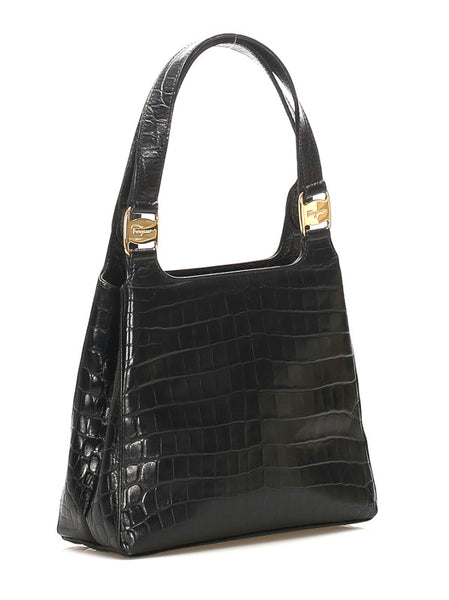 サルヴァトーレフェラガモ AQ-21 7755 ブラック レザー型押し ハンドバッグ レディース Salvatore Ferragamo 中古