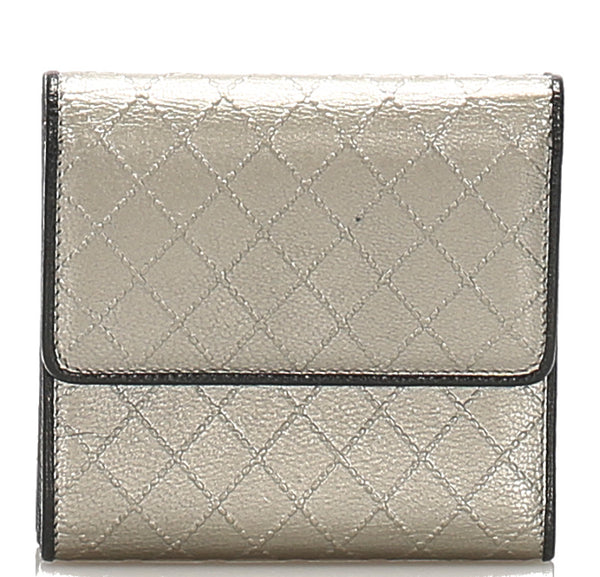 シャネル メタリックグリーン シルバー レザー 三つ折り財布 レディース CHANEL 中古