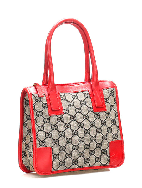グッチ GGキャンバス 0000856 ベージュ ブラック レッド キャンバス レザー ハンドバッグ レディース GUCCI 中古
