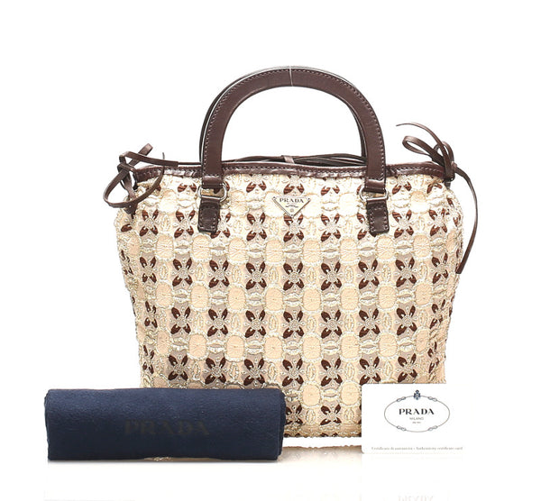 プラダ BN0710 アイボリー ブラウン ナイロン レザー ハンドバッグ レディース PRADA 中古