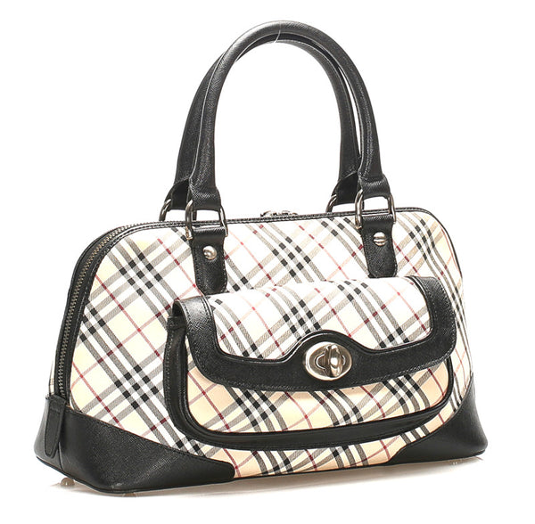 バーバリー ノバチェック ベージュ ブラック キャンバス レザー ハンドバッグ レディース BURBERRY 中古