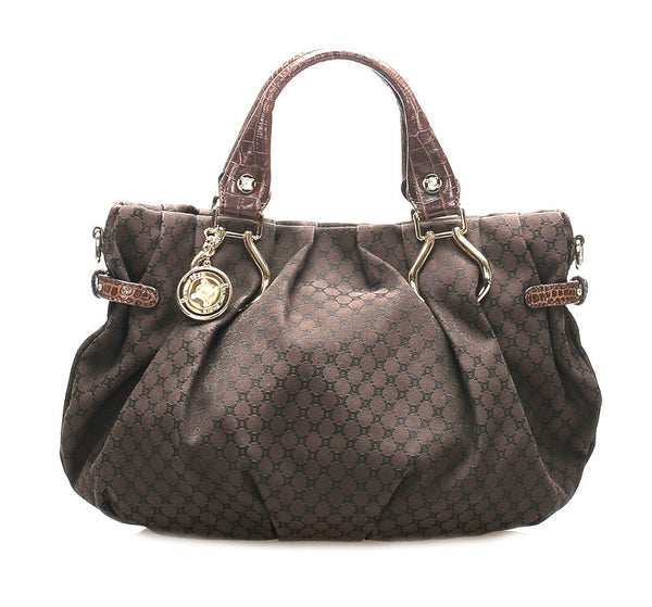 セリーヌ マカダム ブラウン キャンバス レザー ハンドバッグ レディース CELINE 中古