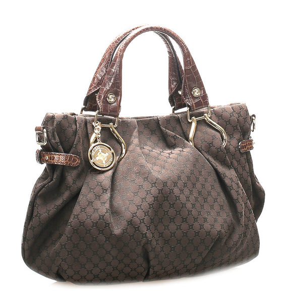 セリーヌ マカダム ブラウン キャンバス レザー ハンドバッグ レディース CELINE 中古