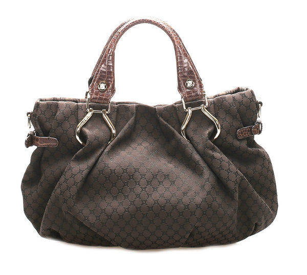 セリーヌ マカダム ブラウン キャンバス レザー ハンドバッグ レディース CELINE 中古