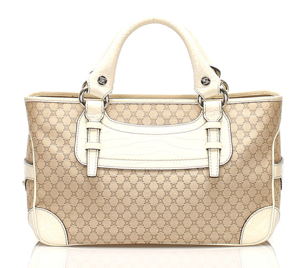 セリーヌ マカダム ベージュ ホワイト キャンバス レザー ハンドバッグ レディース CELINE 中古