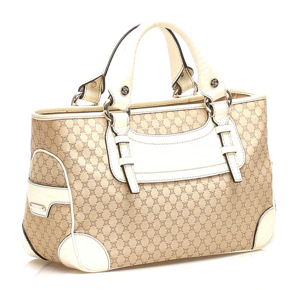 セリーヌ マカダム ベージュ ホワイト キャンバス レザー ハンドバッグ レディース CELINE 中古