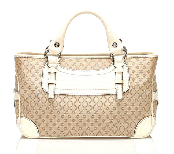 セリーヌ マカダム ベージュ ホワイト キャンバス レザー ハンドバッグ レディース CELINE 中古
