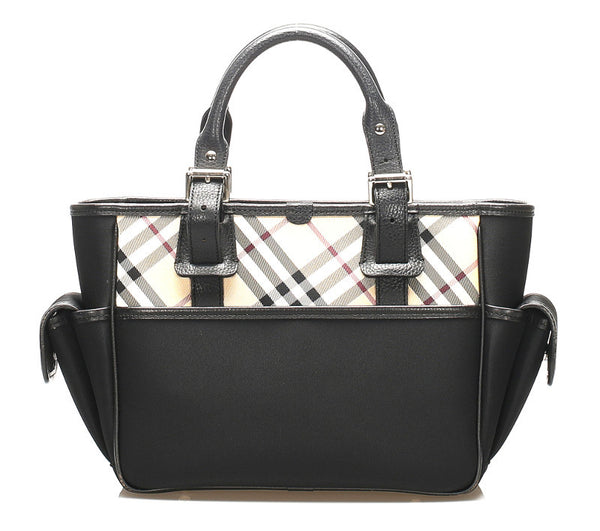バーバリー ノバチェック ブラック ベージュ キャンバス レザー ハンドバッグ レディース BURBERRY 中古