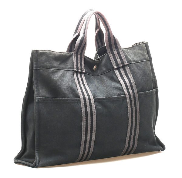 エルメス エールライン ブラック グレー キャンバス トートバッグ ユニセックス HERMES 中古