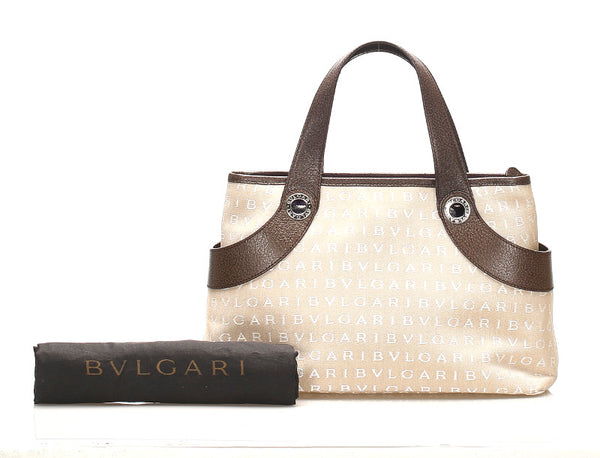 ブルガリ ベージュ ブラウン キャンバス レザー ハンドバッグ レディース BVLGARI 中古