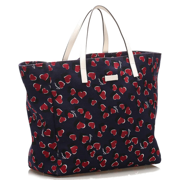 グッチ ハート 282489 ネイビー ホワイト キャンバス レザー トートバッグ レディース GUCCI 中古