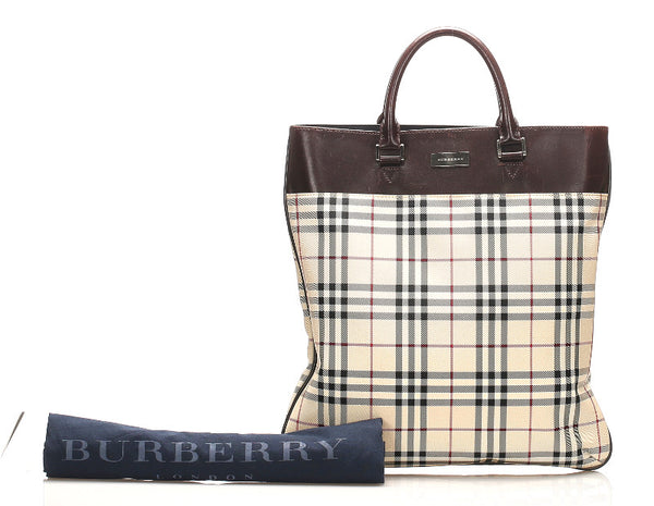 バーバリー ノバチェック ベージュ キャンバス レザー トートバッグ レディース BURBERRY 中古