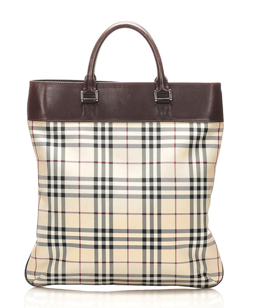 バーバリー ノバチェック ベージュ キャンバス レザー トートバッグ レディース BURBERRY 中古