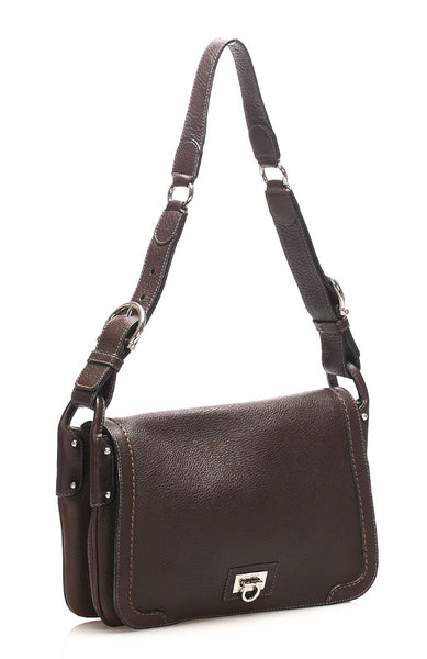 サルヴァトーレフェラガモ ガンチーニ FI-21 6921 ブラウン レザー 肩掛け ショルダーバッグ レディース Salvatore Ferragamo 中古