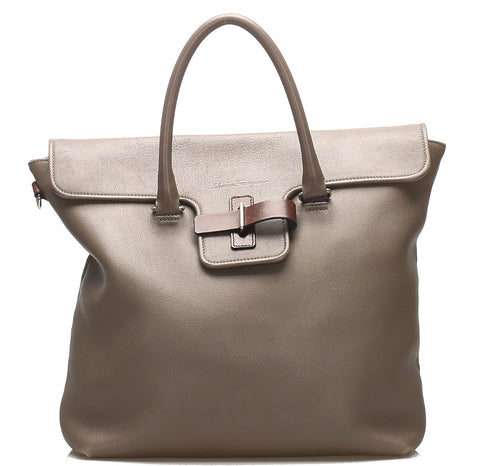 サルヴァトーレフェラガモ FJ-24 9529 グレー レザー ハンドバッグ ユニセックス Salvatore Ferragamo 中古