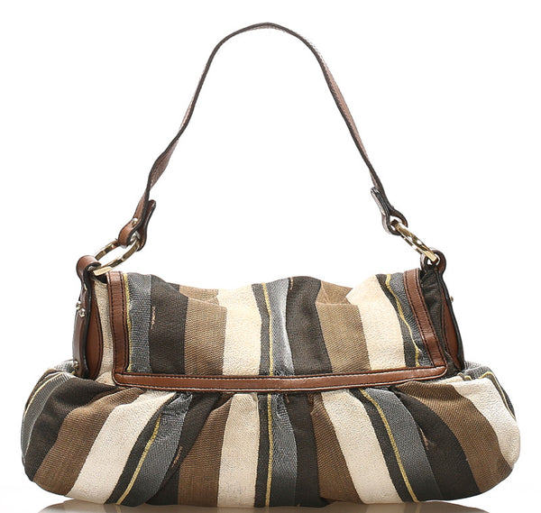 フェンディ カーキ ホワイト ブラウン キャンバス レザー ショルダーバッグ レディース FENDI 中古