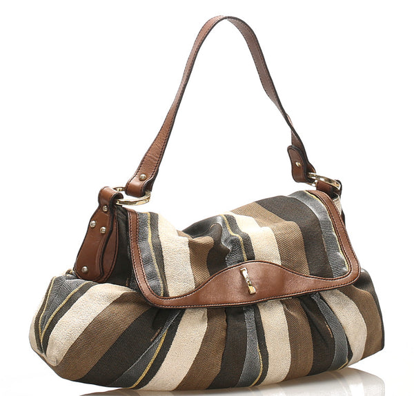 フェンディ カーキ ホワイト ブラウン キャンバス レザー ショルダーバッグ レディース FENDI 中古