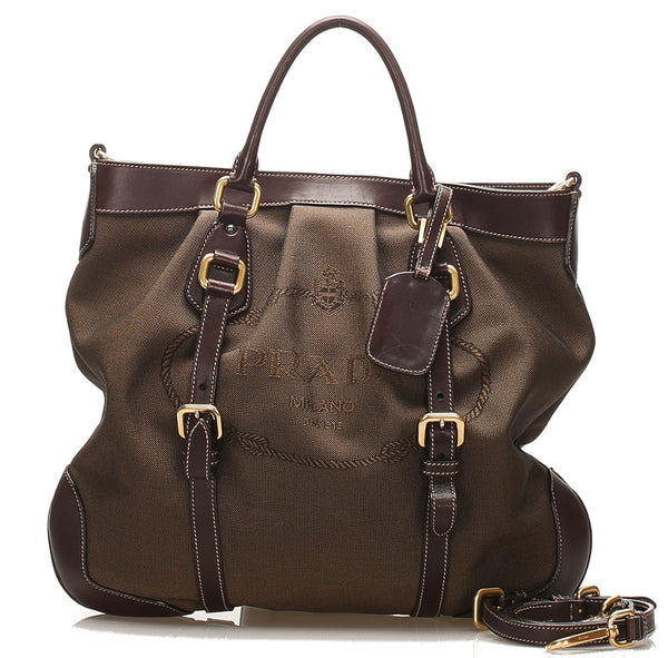 プラダ ブラウン キャンバス レザー ハンドバッグ ショルダーバッグ 2WAY ユニセックス PRADA 中古