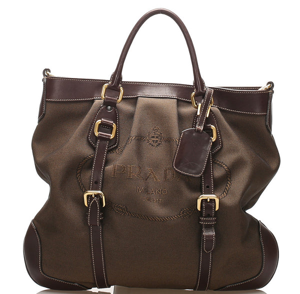 プラダ ブラウン キャンバス レザー ハンドバッグ ショルダーバッグ 2WAY ユニセックス PRADA 中古