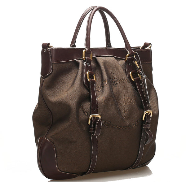 プラダ ブラウン キャンバス レザー ハンドバッグ ショルダーバッグ 2WAY ユニセックス PRADA 中古